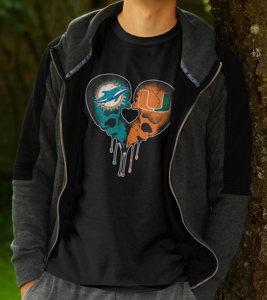 Miami Dolphins Hurricanes Love Heart Skull T-Shirt