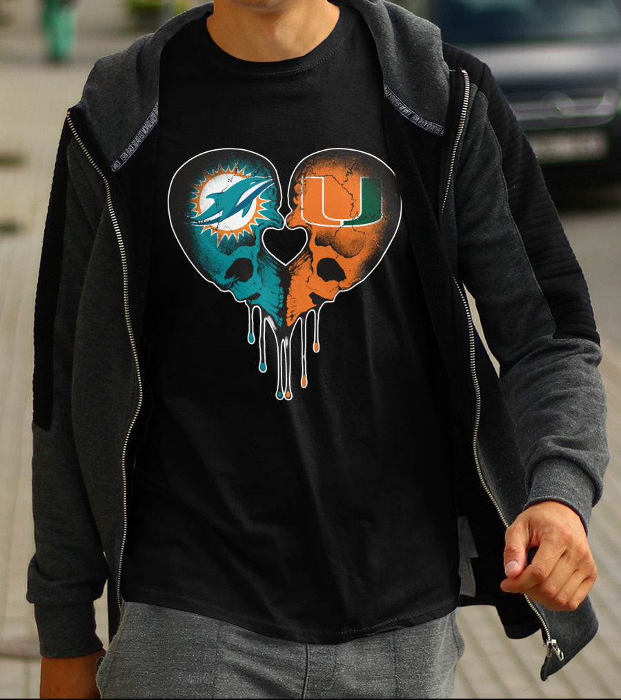 Miami Dolphins Hurricanes Love Heart Skull T-Shirt