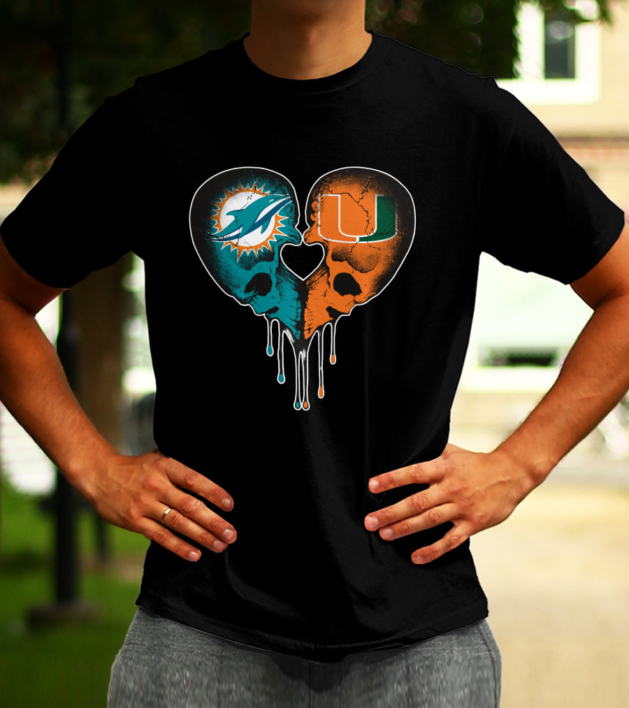 Miami Dolphins Hurricanes Love Heart Skull T-Shirt