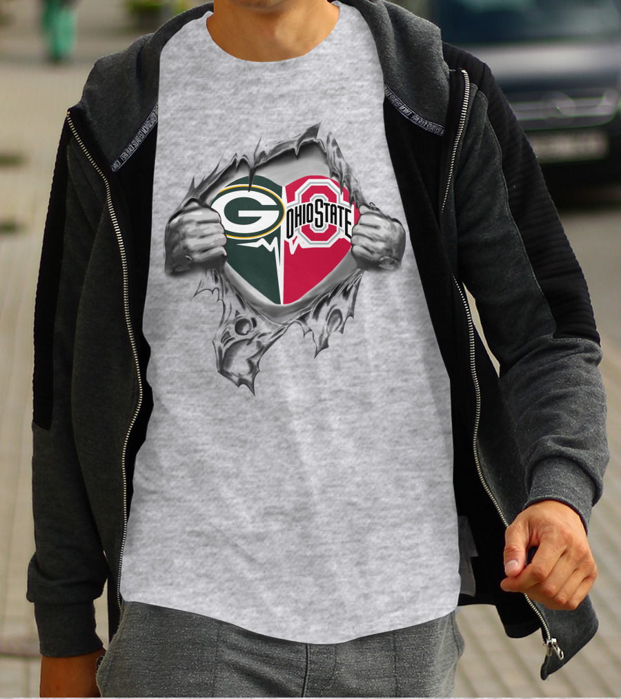 Green Bay Packers Ohio State Buckeyes Heart Design Rip Through T-Shirt