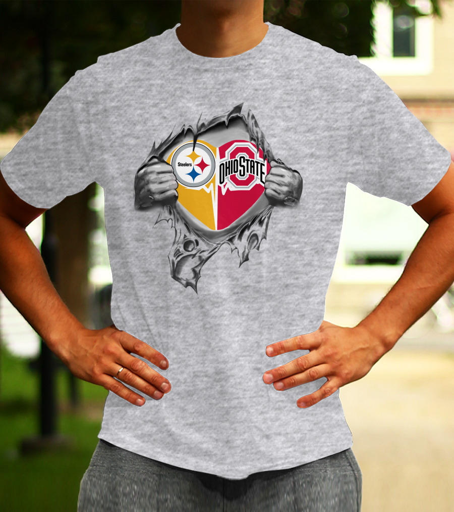Steelers Heart Ohio State Buckeyes Logo With Ripped T-Shirt