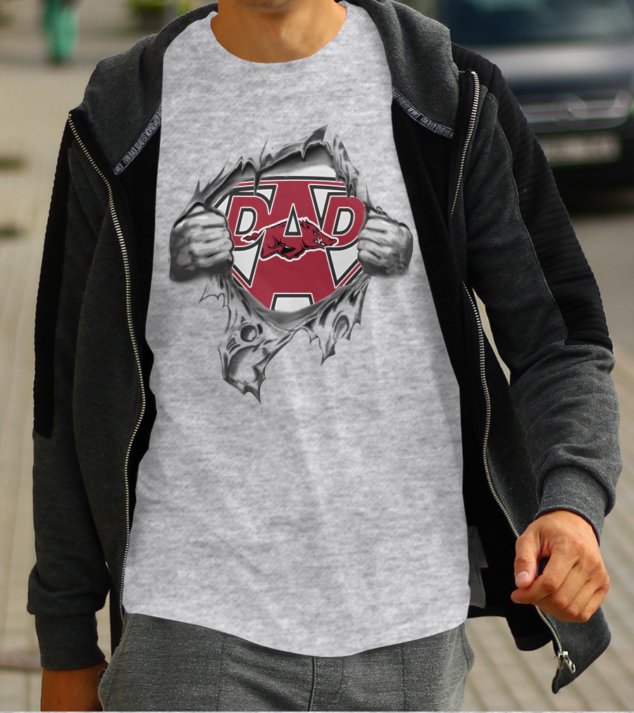 Razorbacks Super Dad Heroic Logo With Tearing Hands T-Shirt