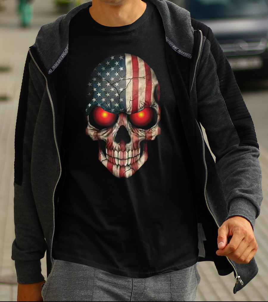 Stars And Stripes Skull With Glowing Eyes T-Shirt