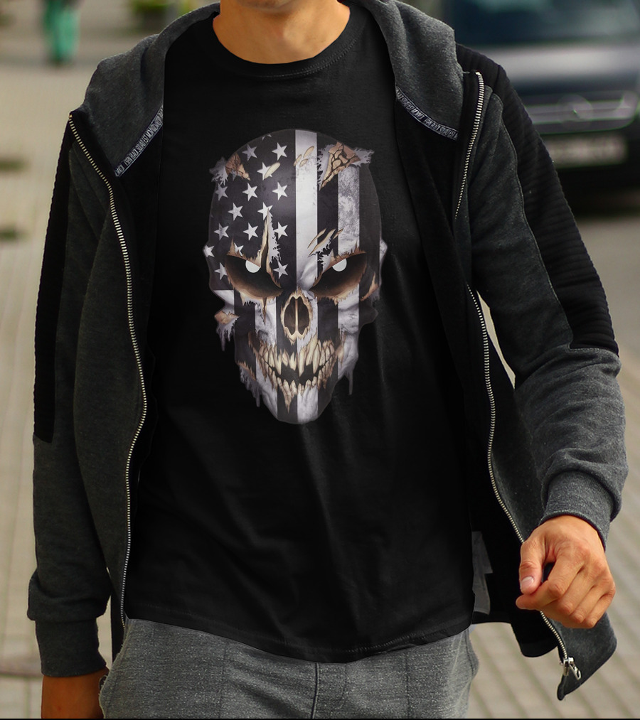 Skull With American Flag And Claw Marks T-Shirt
