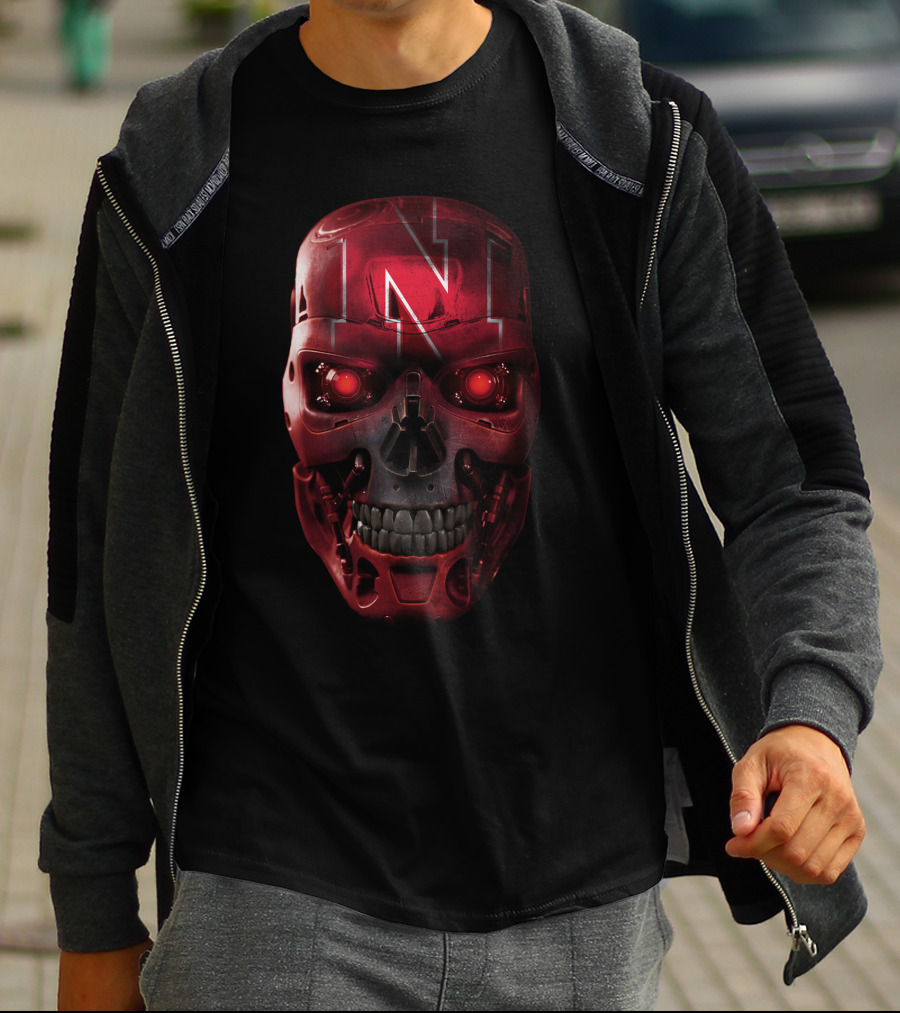 N Red Skull With Robotic Cornhuskers Face T-Shirt