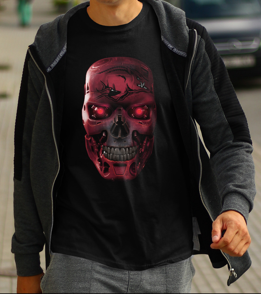 Skull Razorbacks Terminator Red Robot Face T-Shirt