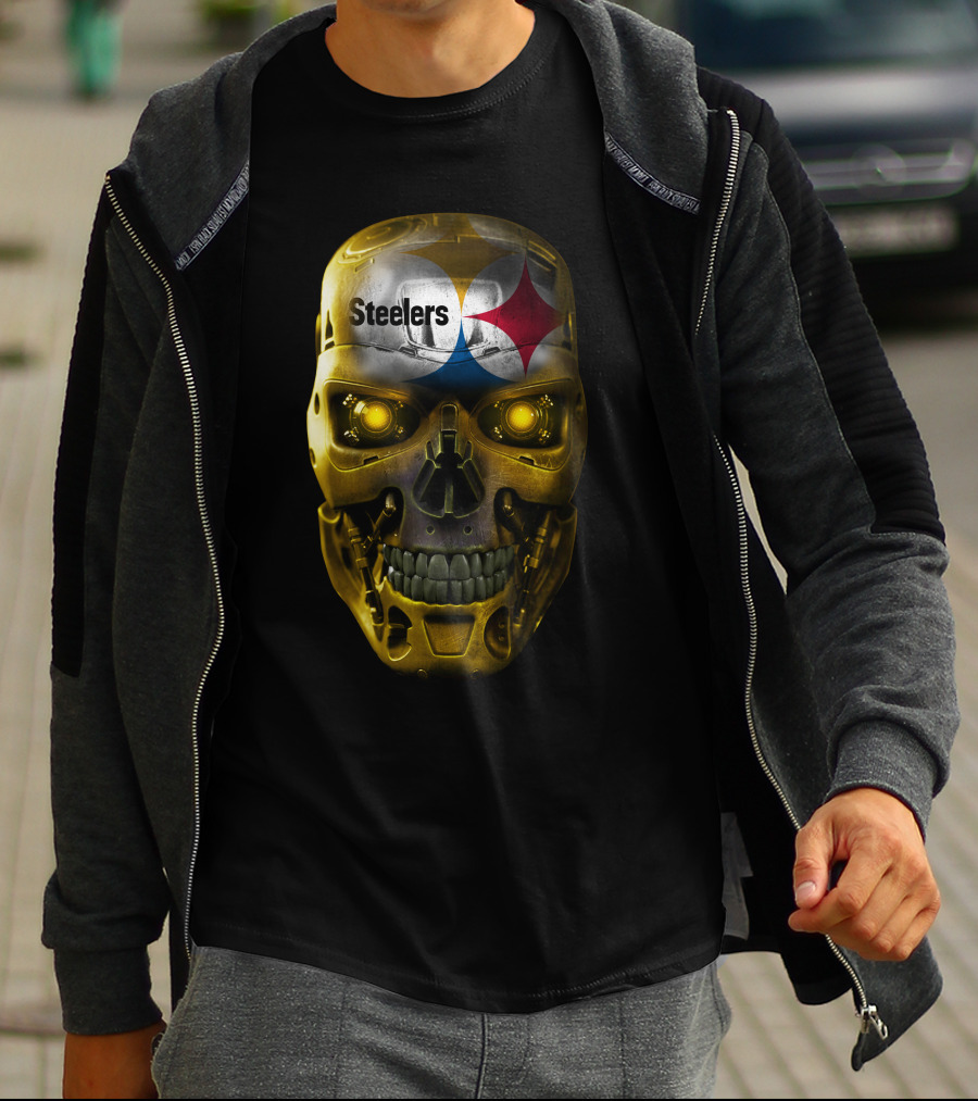 Steelers Skull Cyborg With Logo And Glowing Eyes T-Shirt