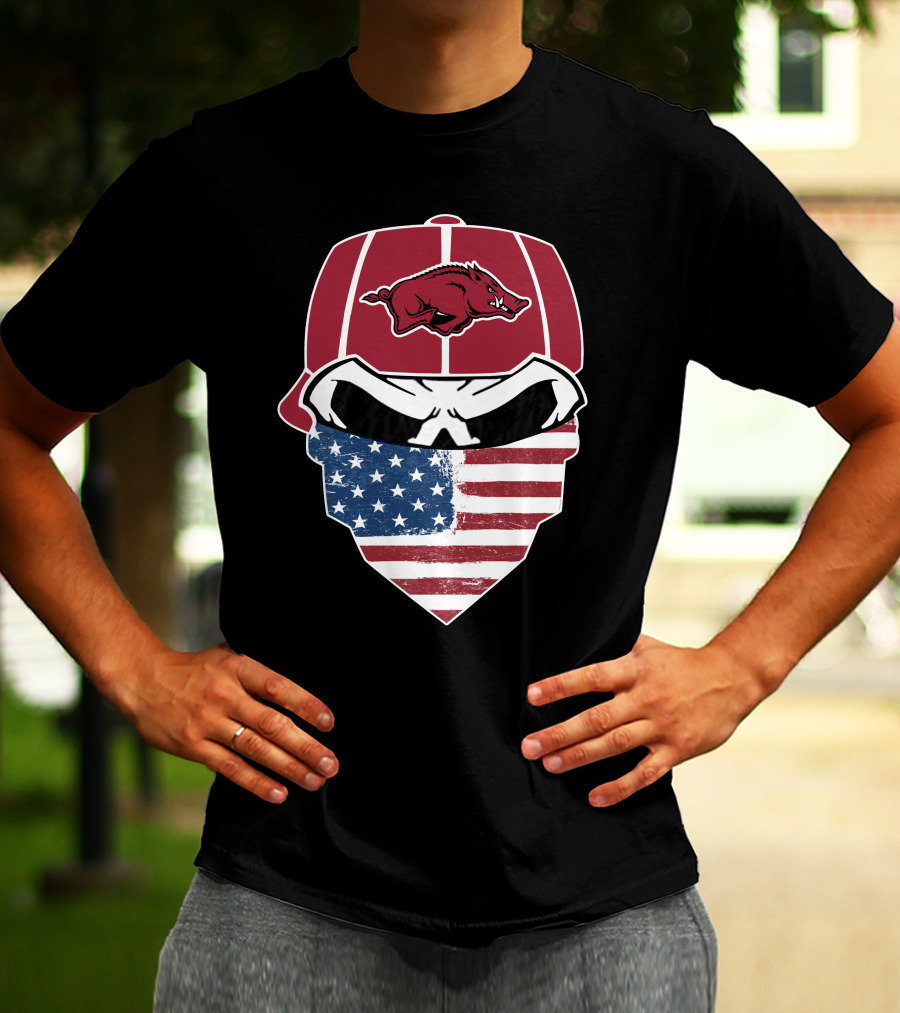 Arkansas Razorbacks Skull American Flag Bandana T-Shirt