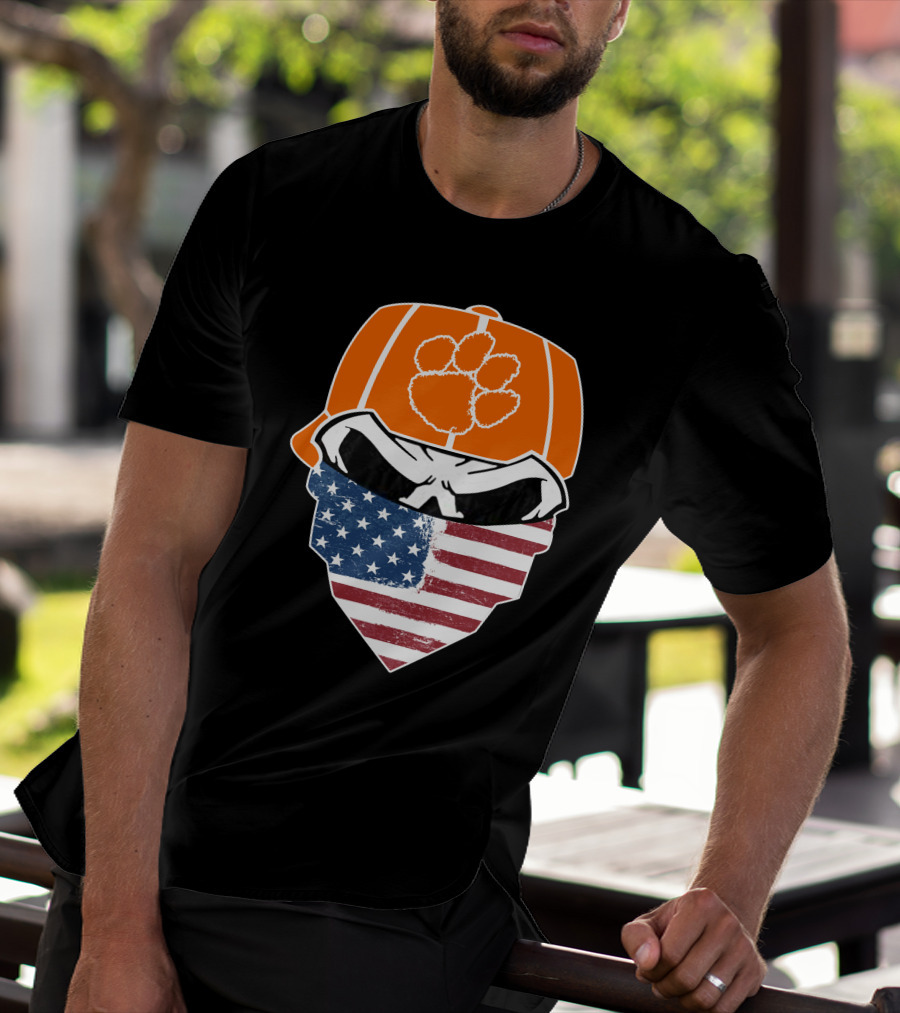 CLEMSON TIGERS Skuls Orange Cap Skull American Flag Bandana T-Shirt