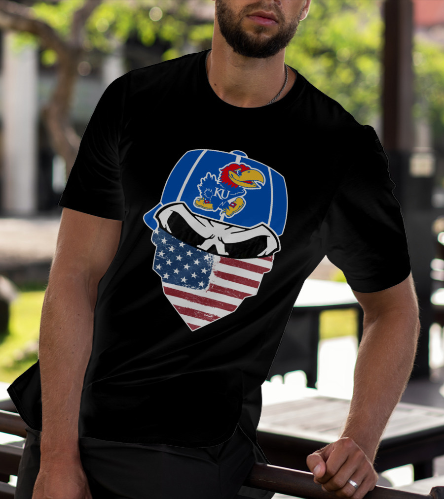 KU Jayhawks Skull American Flag Bandana Cap T-Shirt
