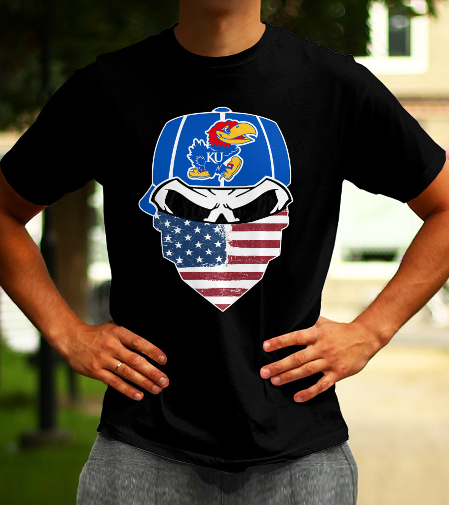 KU Jayhawks Skull American Flag Bandana Cap T-Shirt
