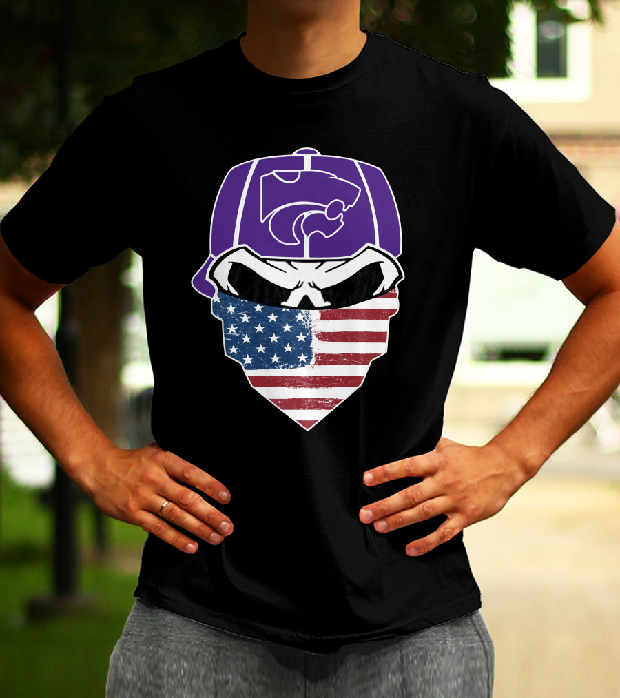 Kansas State Wildcats American Flag Skull Hat T-Shirt
