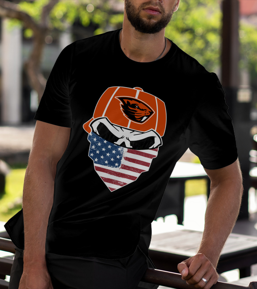 Oregon State Beavers Skull American Flag Bandana T-Shirt