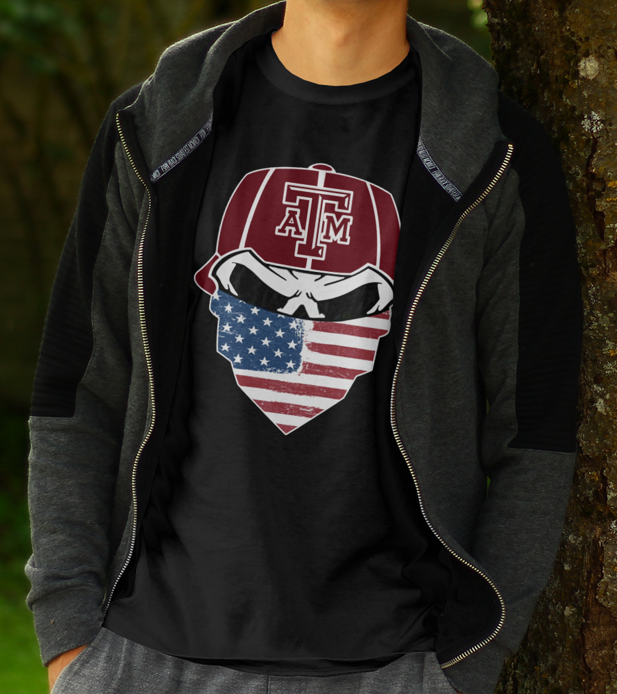 Texas A&M Aggies Skull With American Flag Bandana T-Shirt