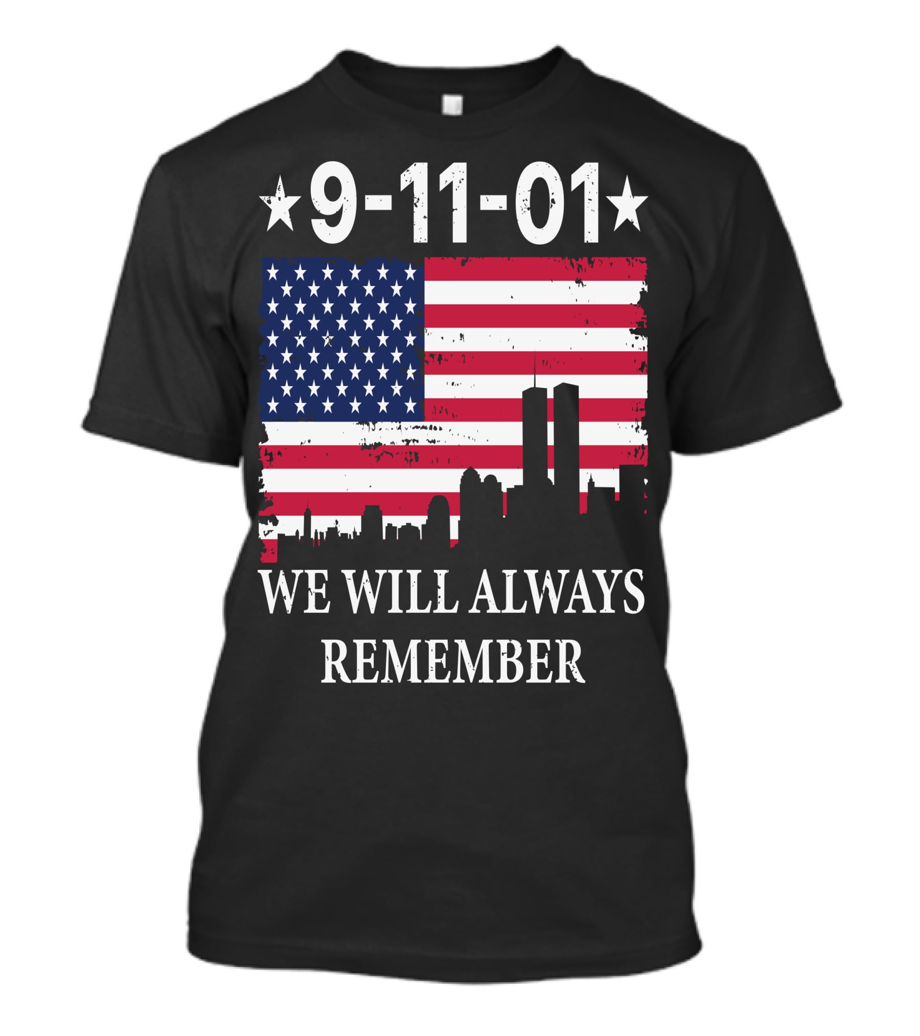 9-11-01 We Will Always Remember Twin Towers American Flag Skyline T-Shirt