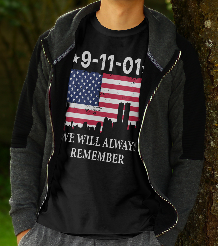 9-11-01 We Will Always Remember Twin Towers American Flag Skyline T-Shirt