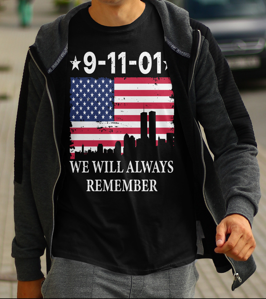 9-11-01 We Will Always Remember Twin Towers American Flag Skyline T-Shirt