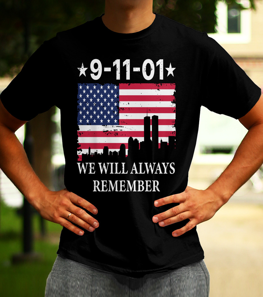 9-11-01 We Will Always Remember Twin Towers American Flag Skyline T-Shirt