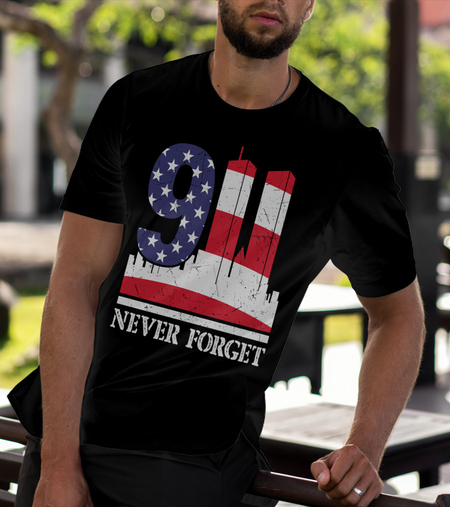 9 11 Never Forget Twin Towers American Flag T-Shirt
