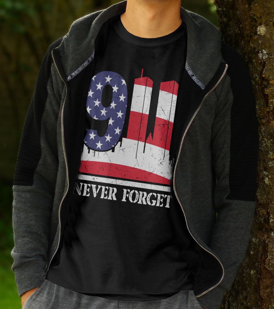 9 11 Never Forget Twin Towers American Flag T-Shirt