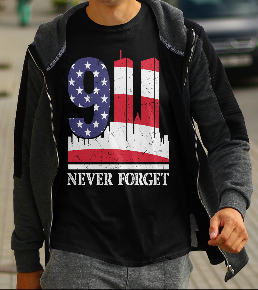 9 11 Never Forget Twin Towers American Flag T-Shirt