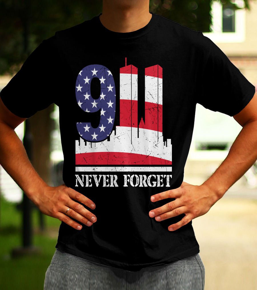 9 11 Never Forget Twin Towers American Flag T-Shirt