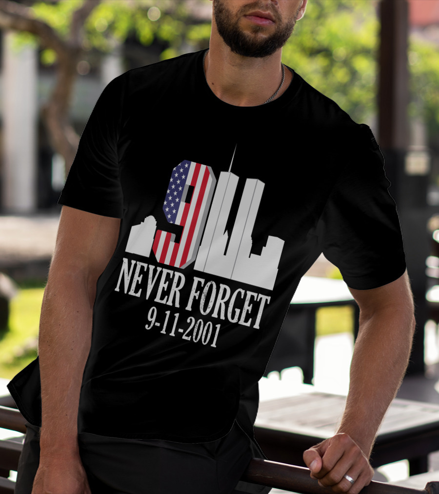 Never Forget 9-11-2001 American Flag Twin Towers Skyline T-Shirt