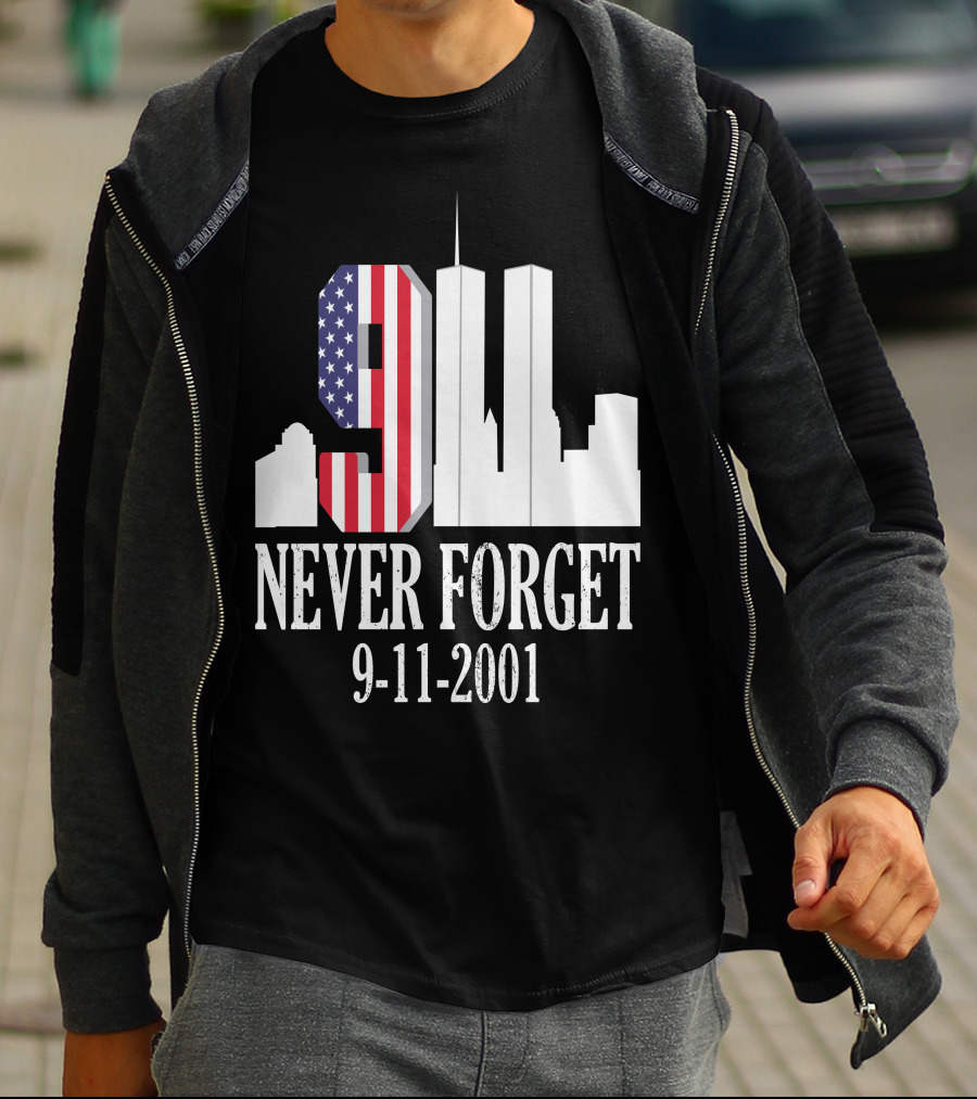 Never Forget 9-11-2001 American Flag Twin Towers Skyline T-Shirt