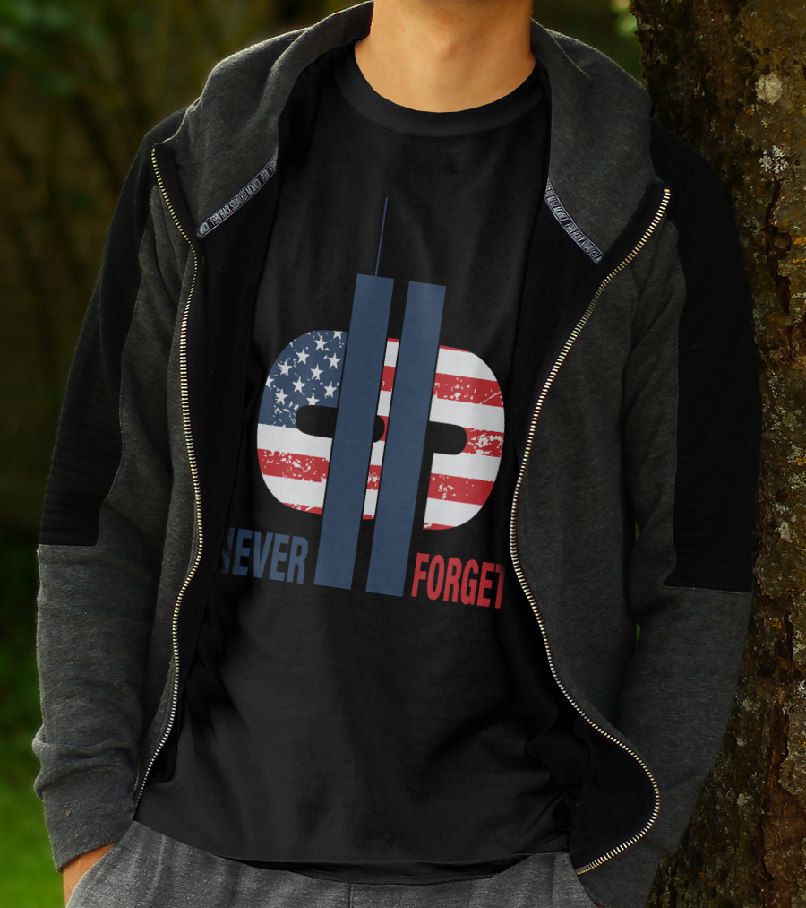 Never Forget 9.11 American Flag Tribute With Twin Towers Symbol T-Shirt
