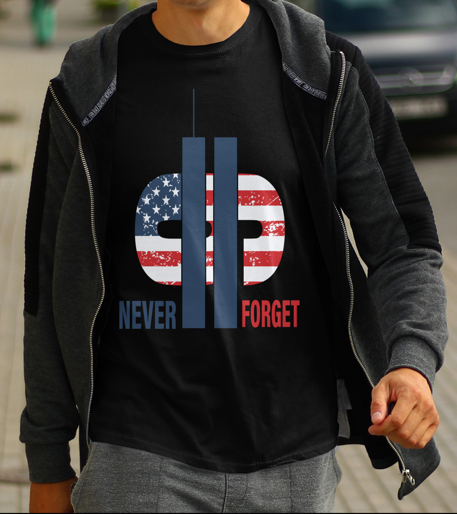 Never Forget 9.11 American Flag Tribute With Twin Towers Symbol T-Shirt