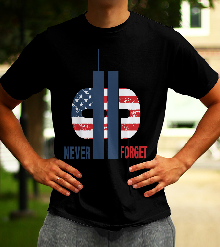 Never Forget 9.11 American Flag Tribute With Twin Towers Symbol T-Shirt