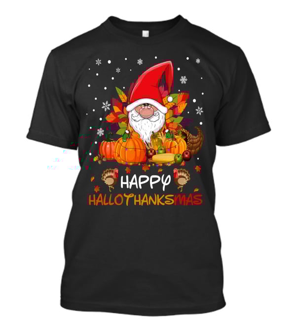 Happy HalloThanksMas Santa Hat Pumpkins Turkeys Cornucopia Snowflakes T-Shirt