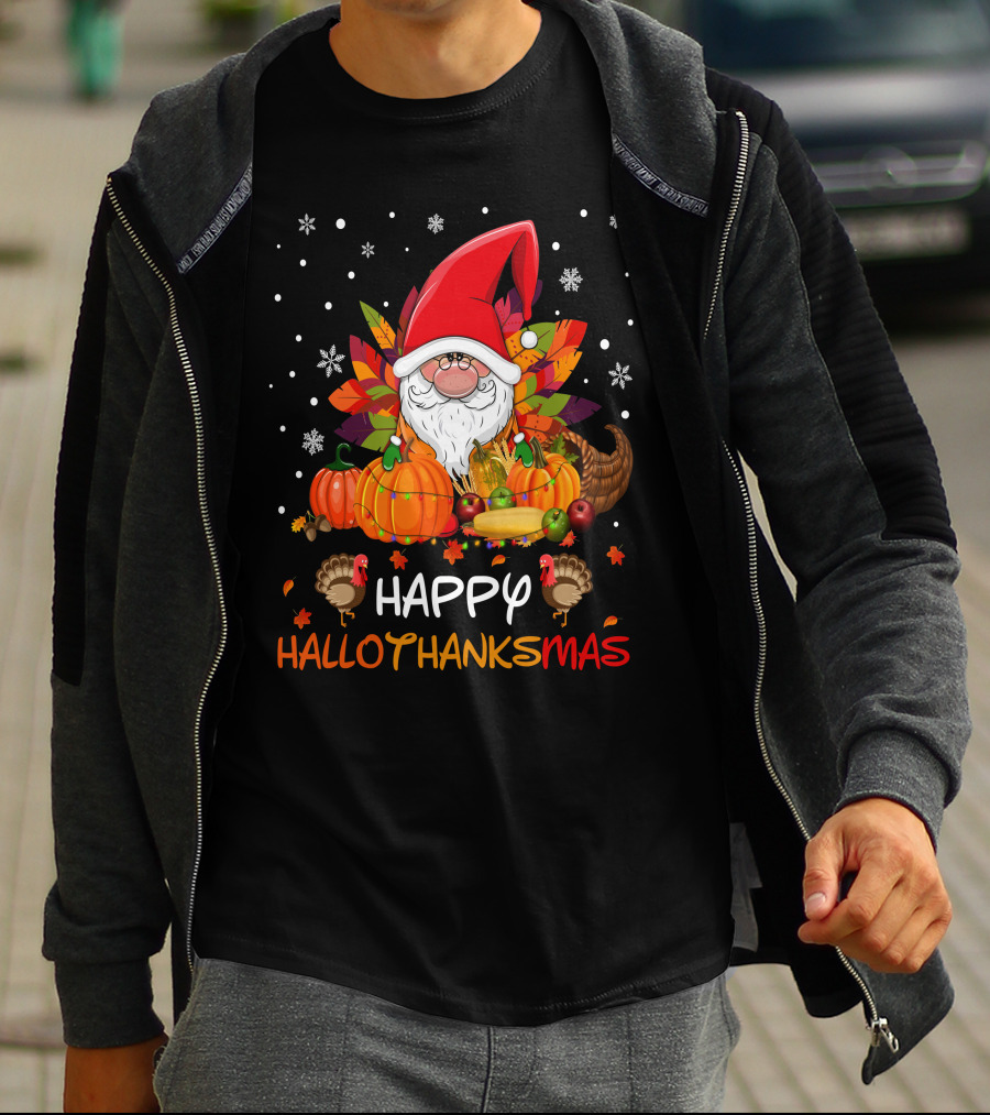 Happy HalloThanksMas Santa Hat Pumpkins Turkeys Cornucopia Snowflakes T-Shirt