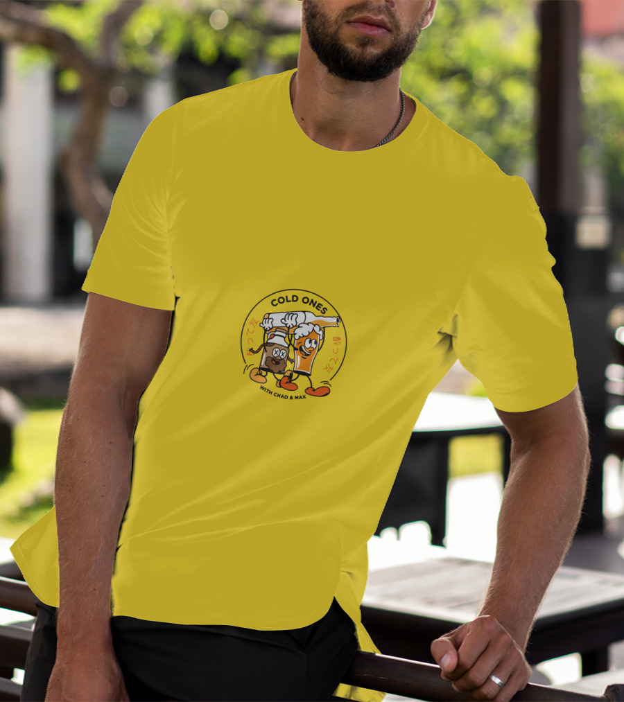 Cold Ones With Chad And Max Cartoon Beers Yellow Background T-Shirt