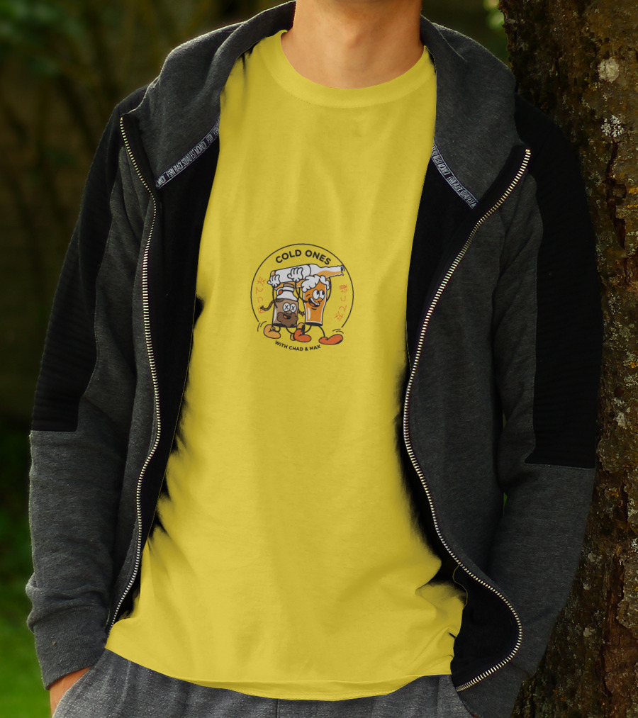 Cold Ones With Chad And Max Cartoon Beers Yellow Background T-Shirt