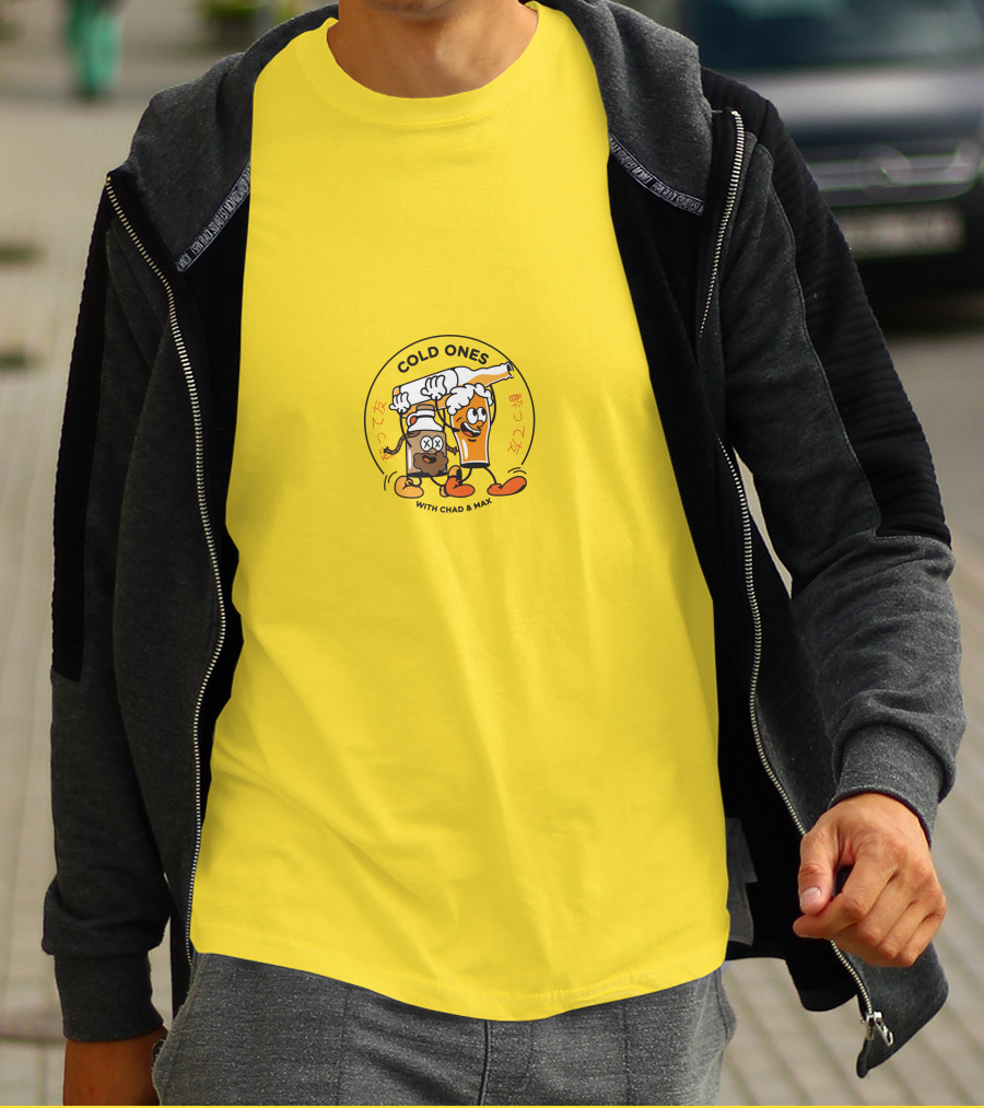 Cold Ones With Chad And Max Cartoon Beers Yellow Background T-Shirt