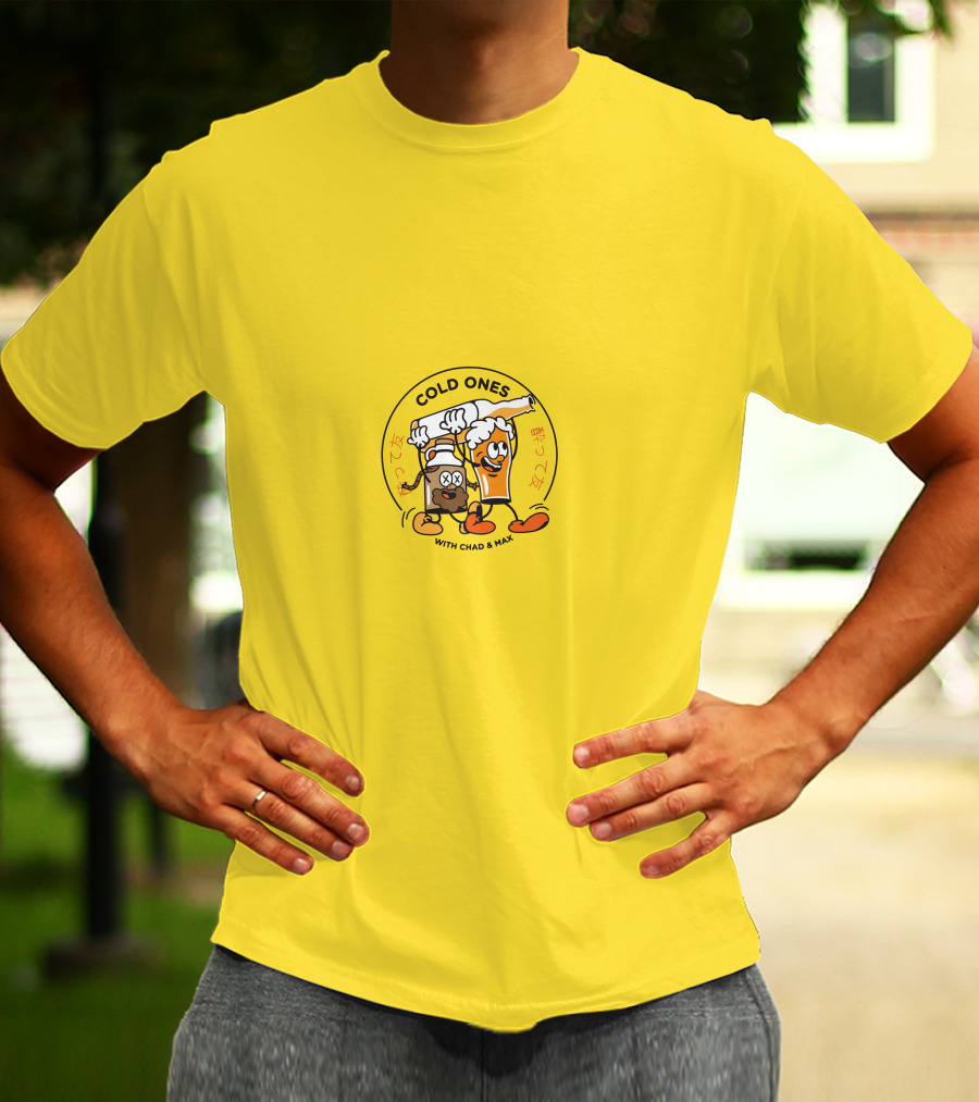 Cold Ones With Chad And Max Cartoon Beers Yellow Background T-Shirt