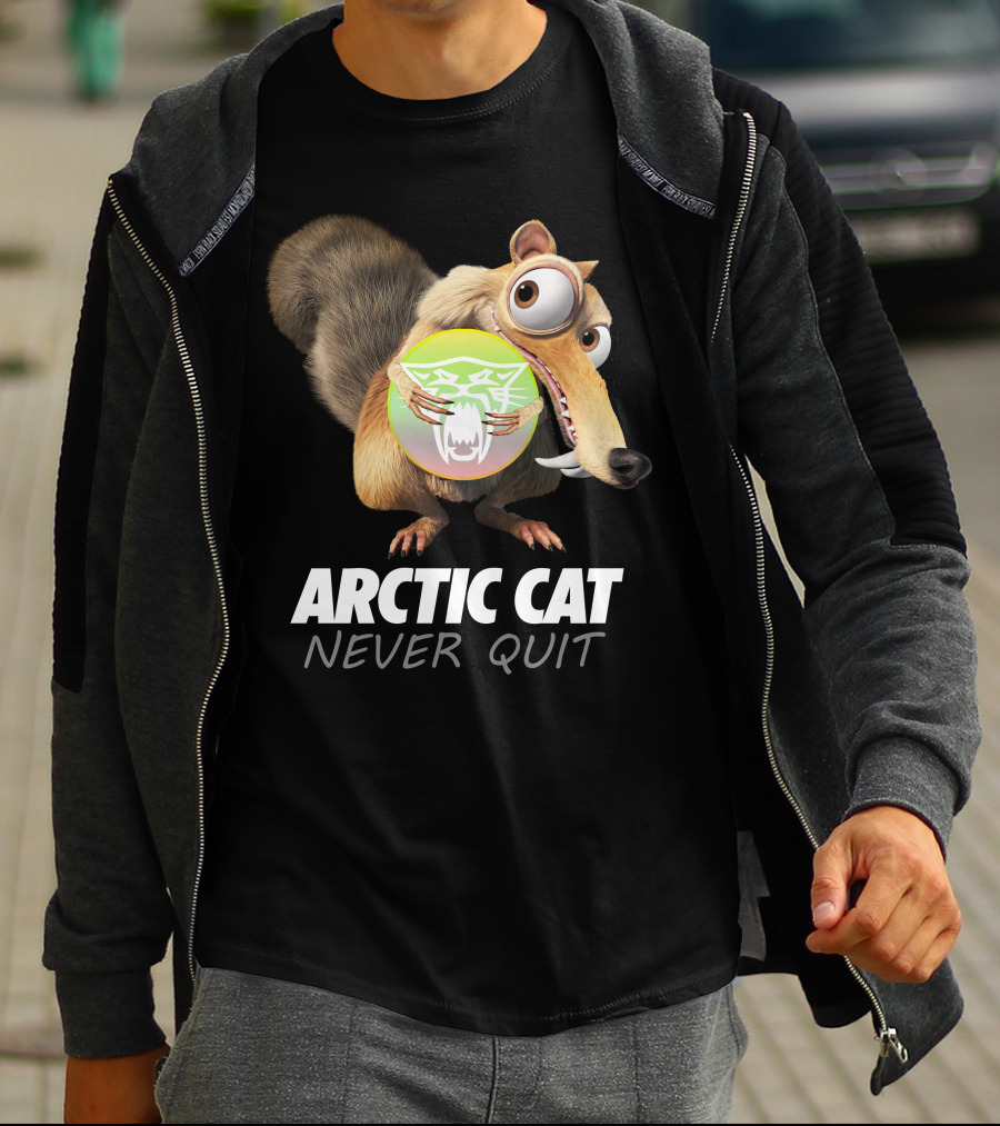ARCTIC CAT NEVER QUIT Cartoon Character Holding T-Shirt