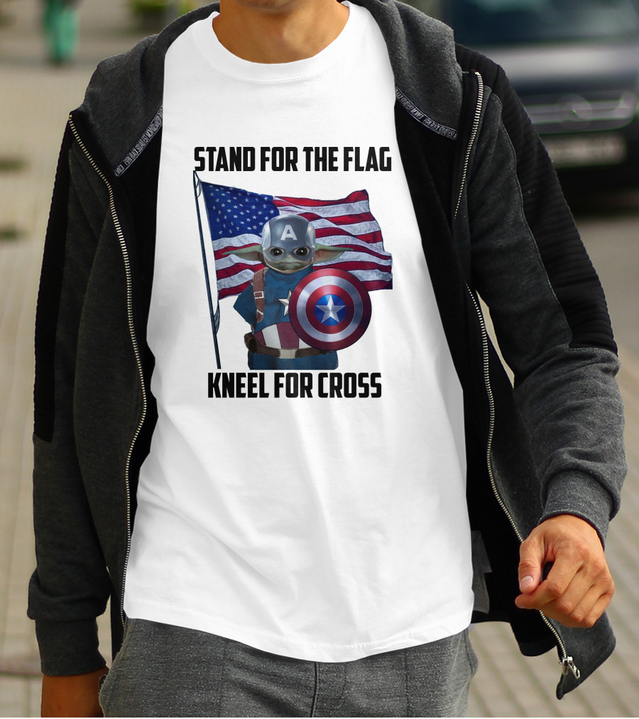 Stand For The Flag Kneel For Cross Grogu Captain America Shield American Flag T-Shirt