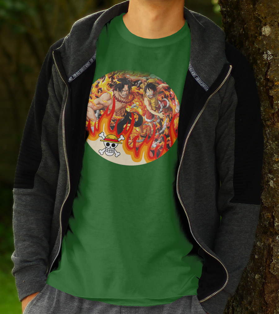 One Piece Luffy And Ace Fire Battle With Jolly Roger Hat T-Shirt