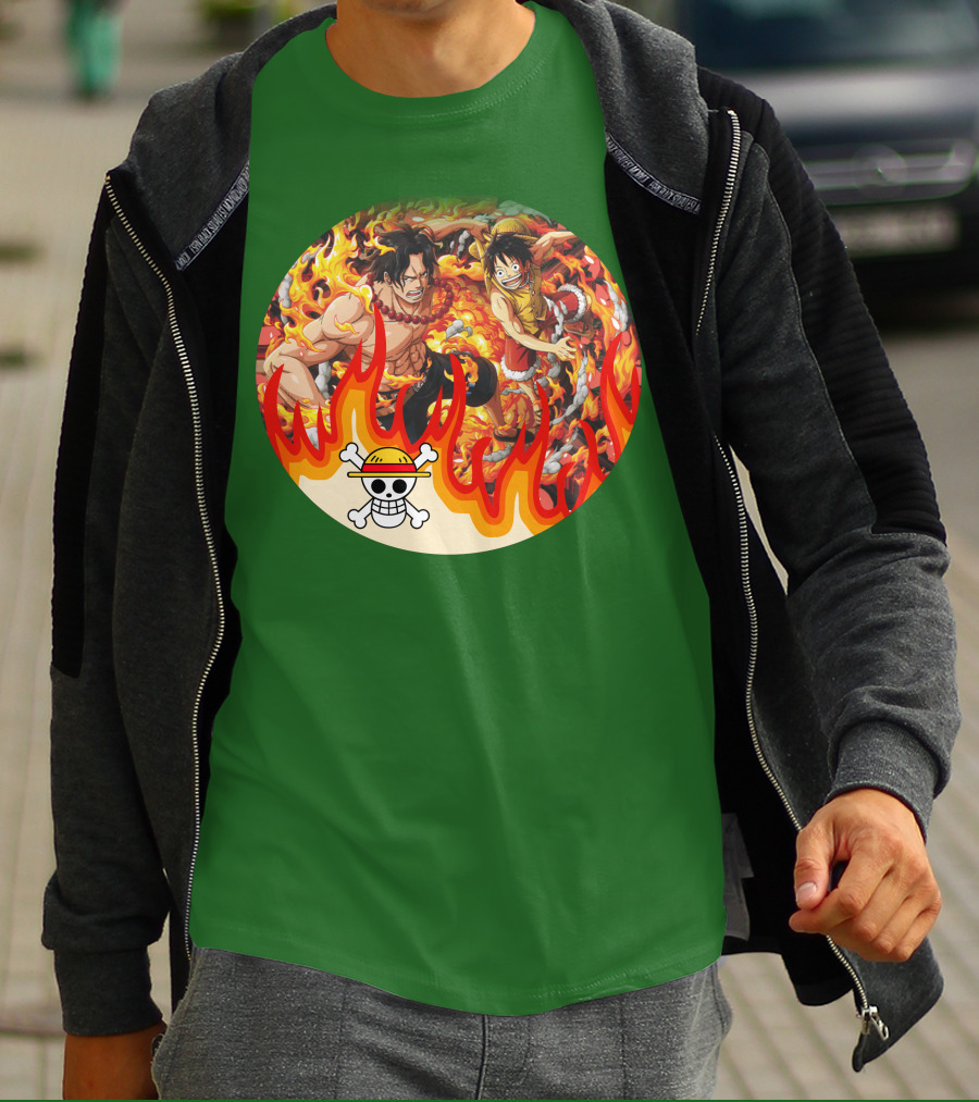 One Piece Luffy And Ace Fire Battle With Jolly Roger Hat T-Shirt