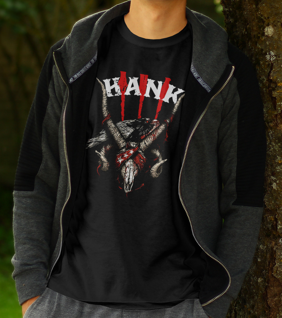 Hank III Bird Skull And Goat Horns Red Stripes T-Shirt