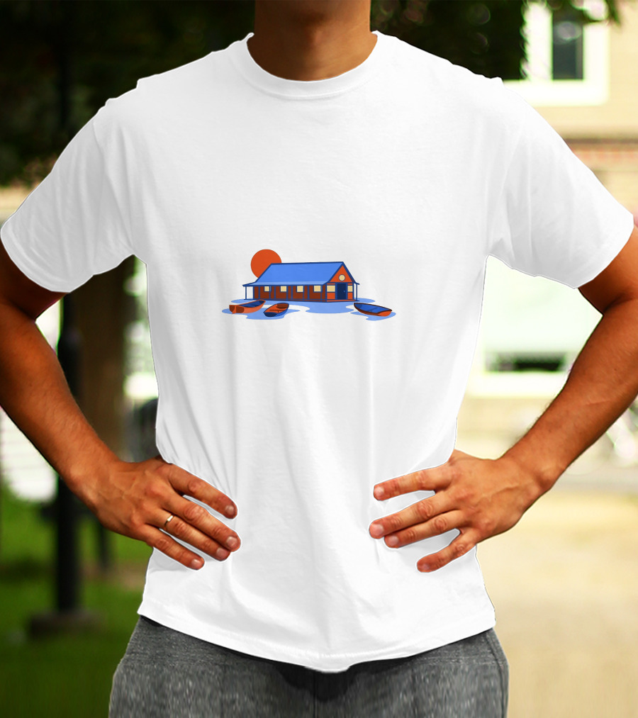 Boathouse Sunrise With Rowboats And Pier Shadow T-Shirt
