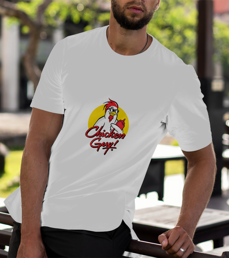 Chicken Guy Holding Sauce Bottle In Yellow Circle T-Shirt