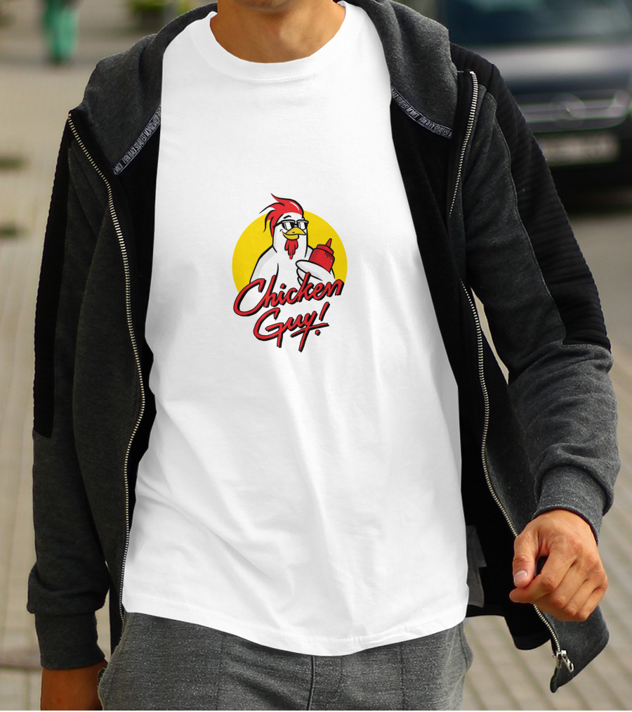 Chicken Guy Holding Sauce Bottle In Yellow Circle T-Shirt