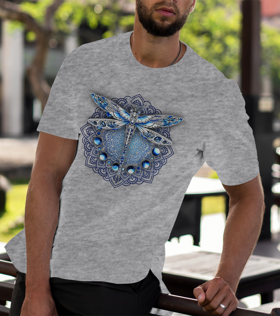 FLY GRADON Intricate Mandala Dragonfly Blue Gem Elements T-Shirt