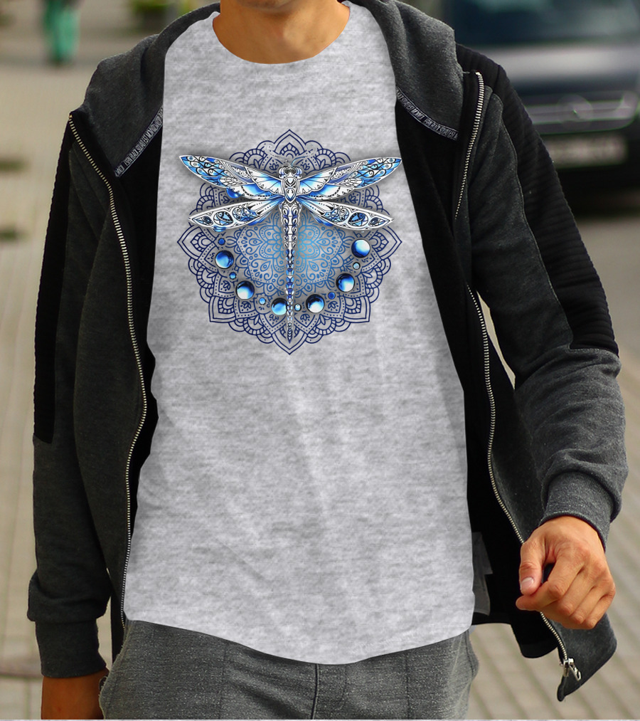 FLY GRADON Intricate Mandala Dragonfly Blue Gem Elements T-Shirt