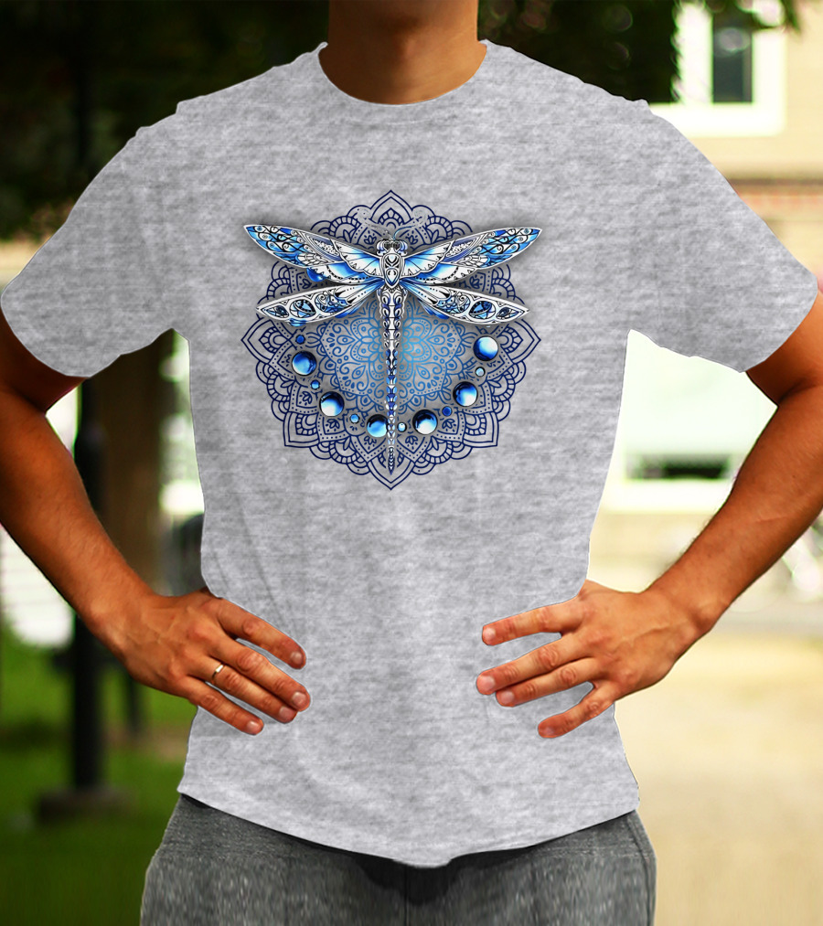 FLY GRADON Intricate Mandala Dragonfly Blue Gem Elements T-Shirt