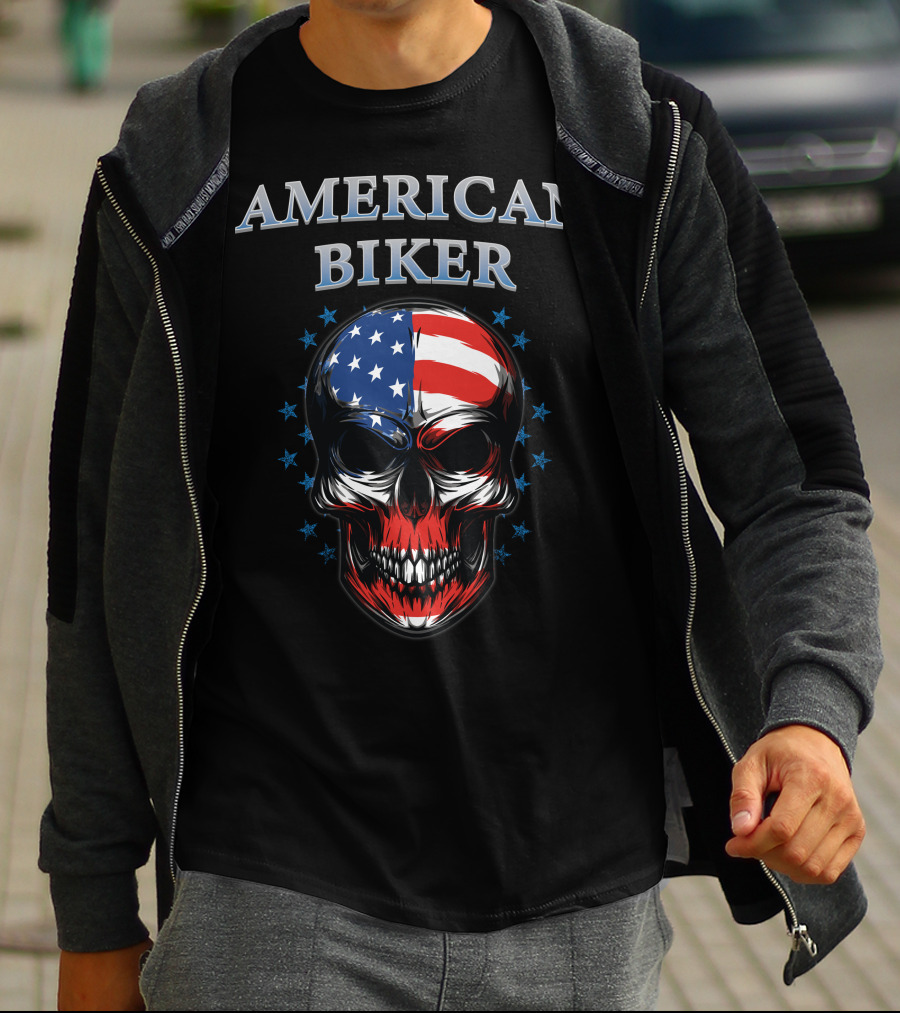 American Biker USA Flag Skull Bike Knight T-Shirt