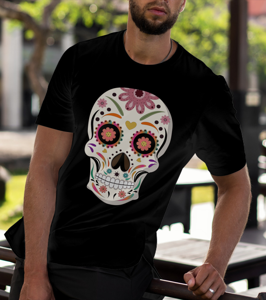 Day Of The Dead Bride Sugar Skull With Floral And Heart Motifs T-Shirt